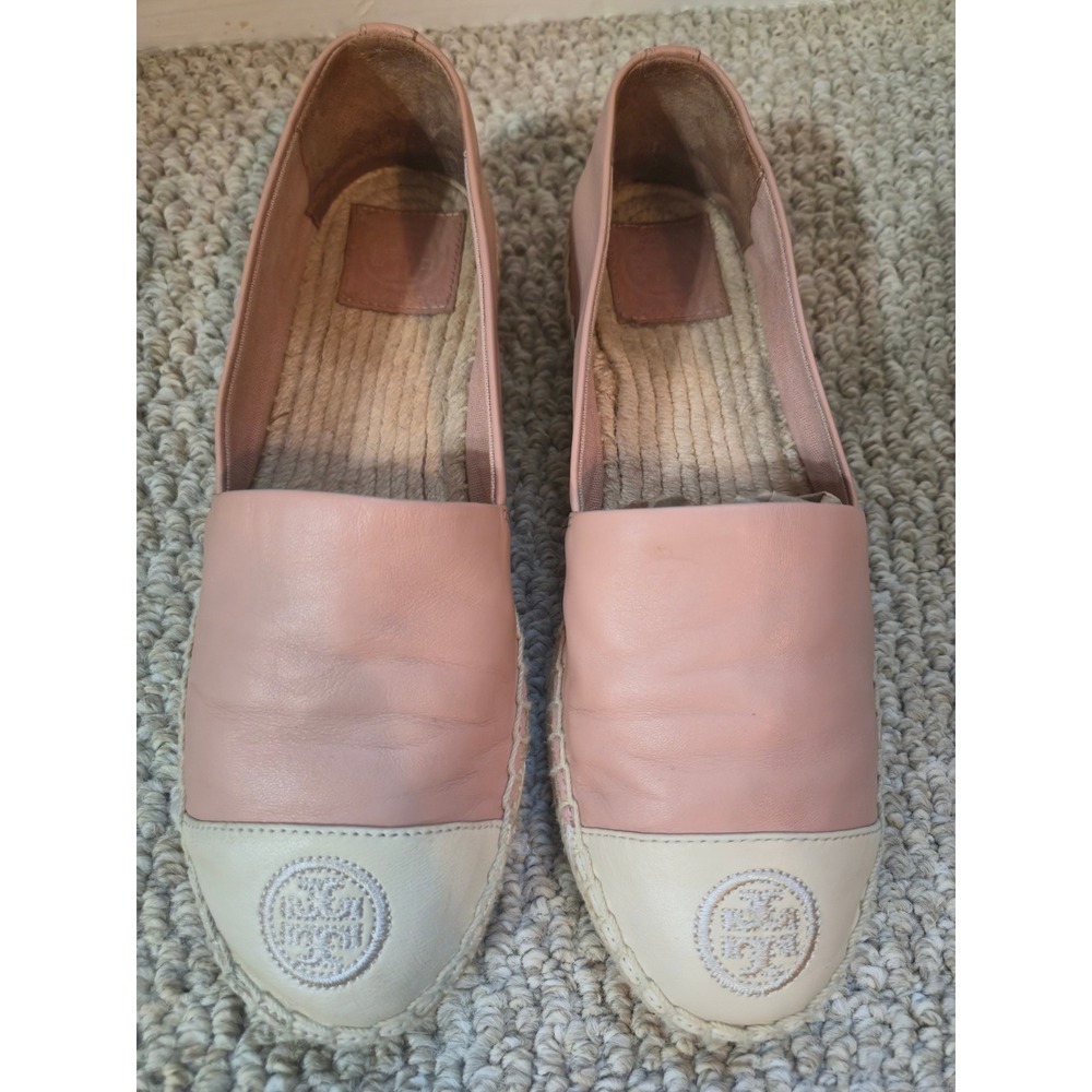 Tory Burch Women Leather Espadrille Flats Pink Cream Logo Cap Toe Slip On Size 6 - Picture 8 of 9